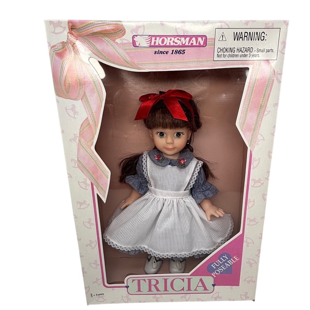 Vintage 1997 Horsman Tricia Girls Doll 12" Blue‎ Pinstripe Dress Red Bow NIB NEW
